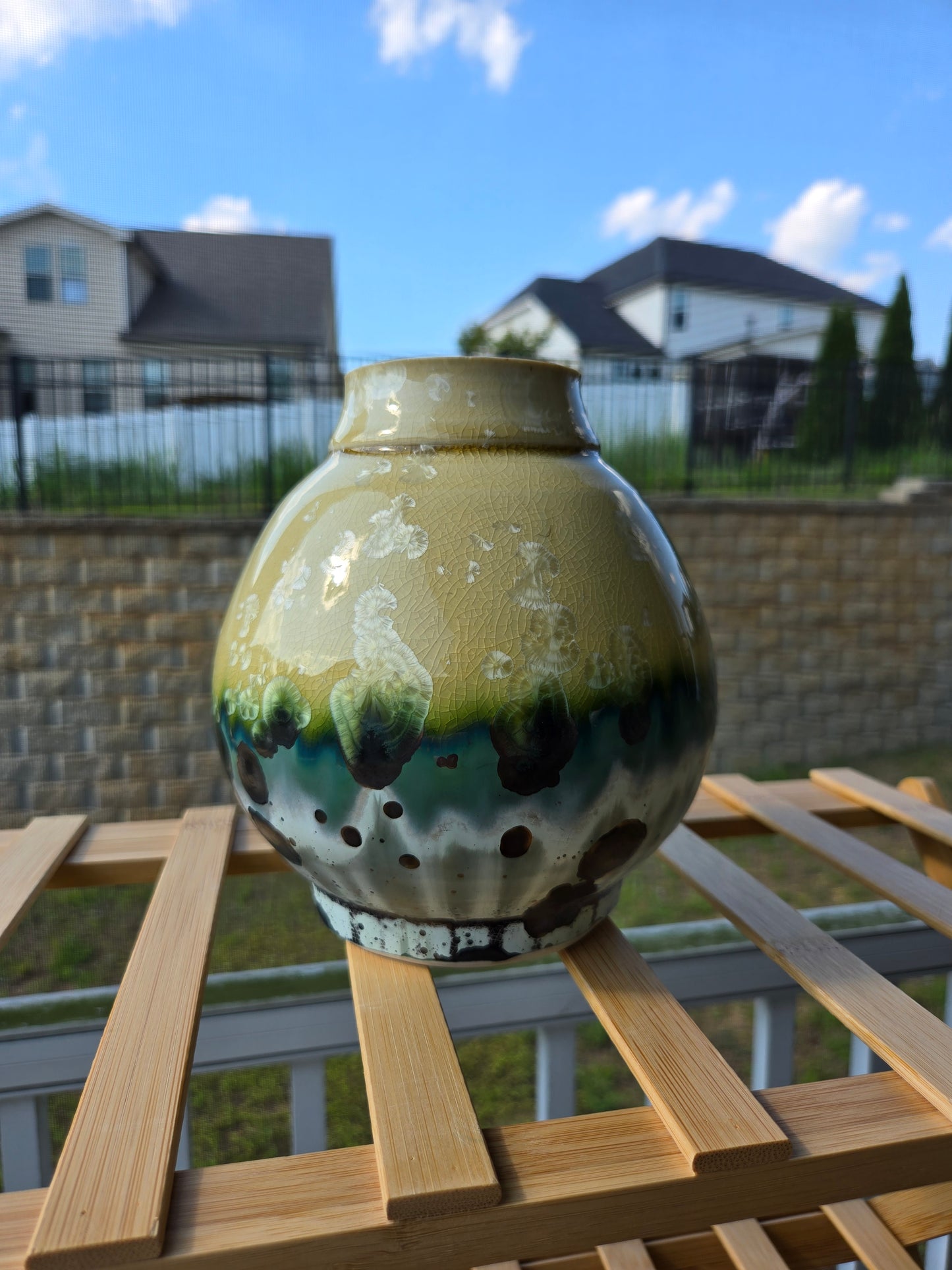Crystalline Green and Beige Moon Jar