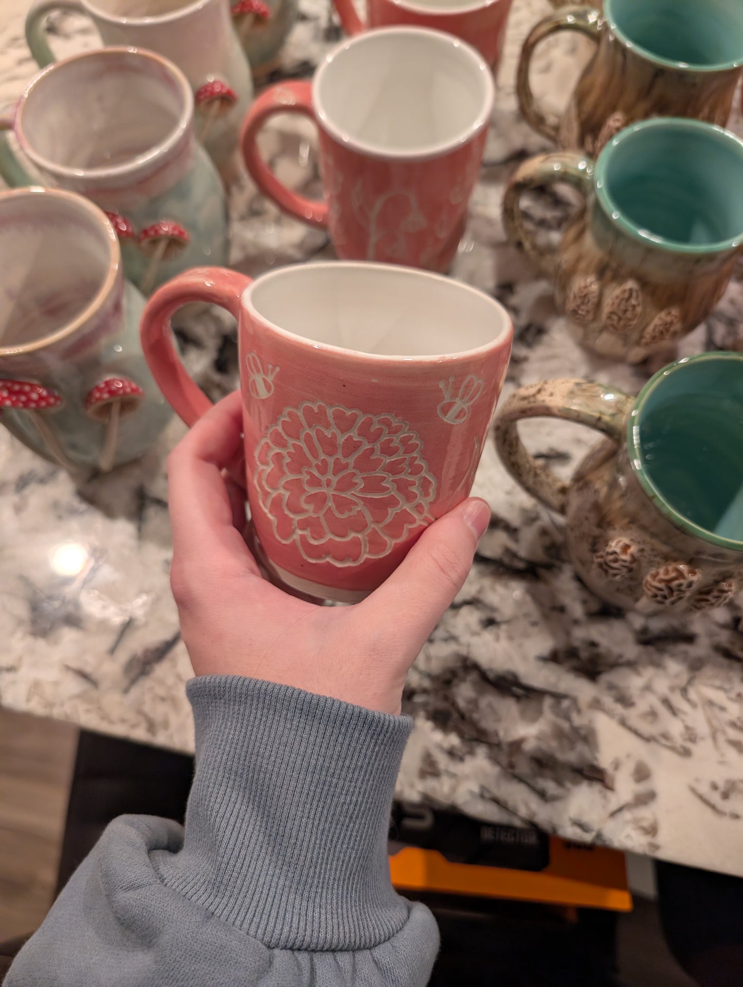 NCMA Pink and White Sgraffito Mugs