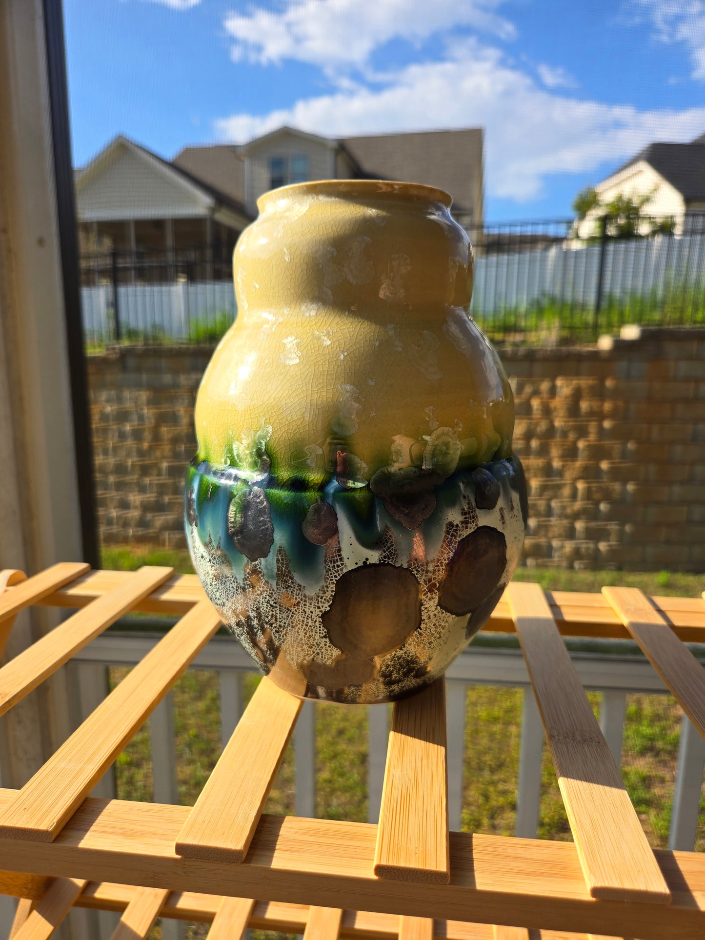 Crystalline Green and Beige Gourd Vase