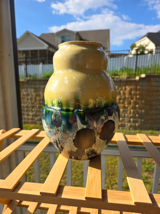 Crystalline Green and Beige Gourd Vase