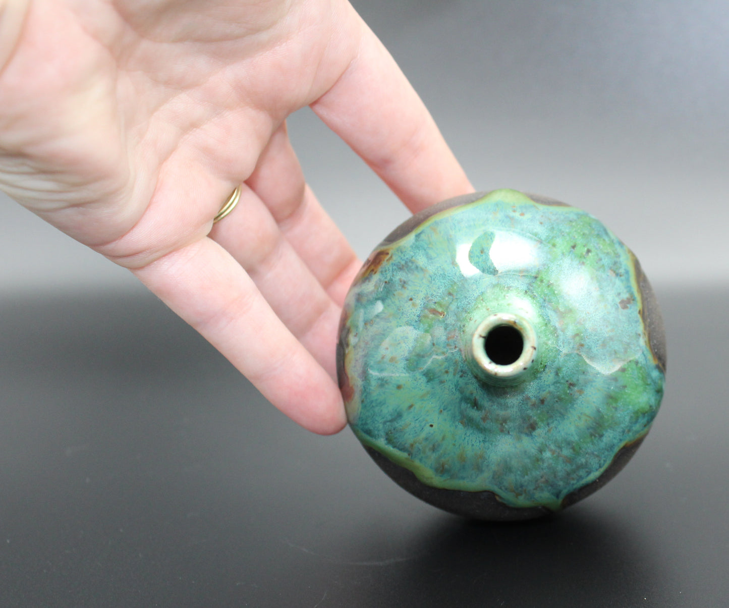 Small Black Vase with Green Glaze